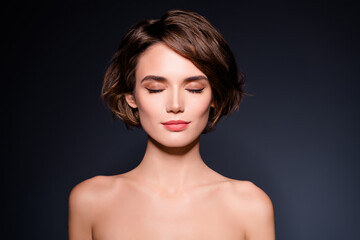Fototapeta premium Charming stunning lady perfect profesional makeover ideal skin isolated on dark grey color background