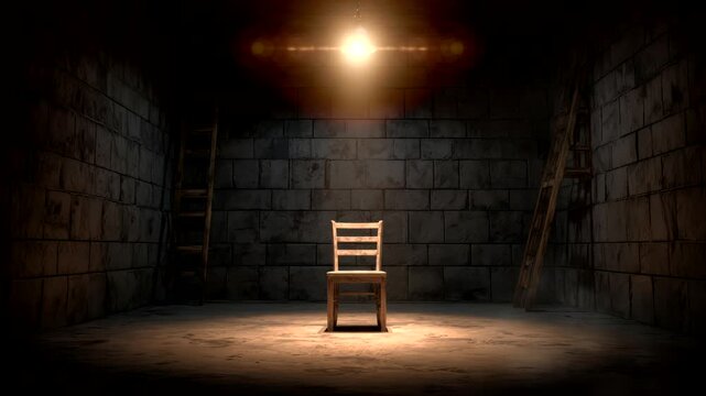 A solitary chair illuminated in a dark, mysterious room, evoking a sense of anticipation and drama. The room is enclosed by stone brick walls.