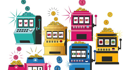 Exciting Slot Machine Action, Casino Games, Vibrant Colorful Environment, Digital Illustration, Fun Concept