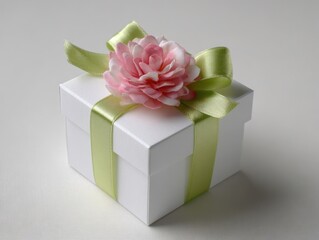 Minimalist White Gift Box with Delicate Pink Flower and Green Ribbon on Clean Background