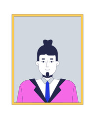 Employee of the month highlighted in frame 2D cartoon character. Selected candidate. Professional european man with topknot and goatee flat vector person isolated on white. Spot illustration colorful