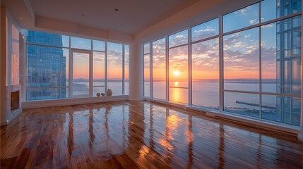 Obraz premium Expansive, empty luxury room with a polished hardwood floor reflecting a stunning panoramic ocean view from its large floor-to-ceiling windows.