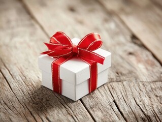 Neat white gift box featuring a vibrant red ribbon and golden-edged bow on an aged wooden board offering an elegant gesture