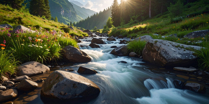 Majestic mountain stream flowing through a lush green valley with wildflowers in full bloom under warm sunlight - Powered by Adobe