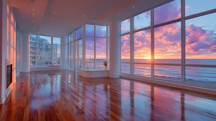 Obraz premium Expansive, empty luxury room with a polished hardwood floor reflecting a stunning panoramic ocean view from its large floor-to-ceiling windows.