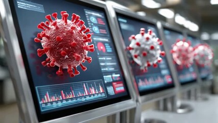 COVID-19 Analysis: Digital representations of the coronavirus take center stage on a series of monitors, showcasing advanced scientific data visualization of the virus, its structure. - Powered by Adobe