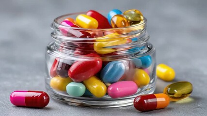 Vibrant Capsules: A visually striking close-up of colorful pills spilling from a glass jar, a potent representation of health and medication. - Powered by Adobe