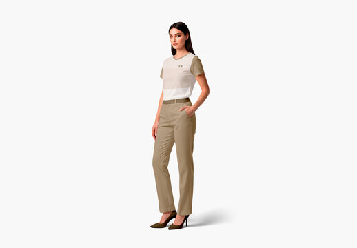 Female Model Wearing A Modern T Shirt And Tailored Trousers Mockup.Psd.Thauany