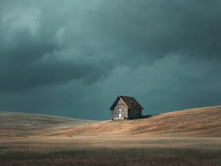 Desolate Landscape Photography Rustic Wooden Cabin on Rolling Hills Under Dramatic Overcast Sky with Dark Storm Clouds and Barren Fields