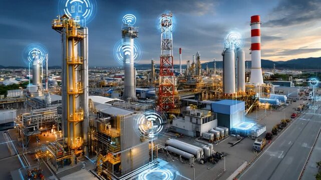 Modern Industrial Complex: An expansive industrial complex, illuminated by both natural and artificial light, buzzes with activity, symbolizing innovation and progress.