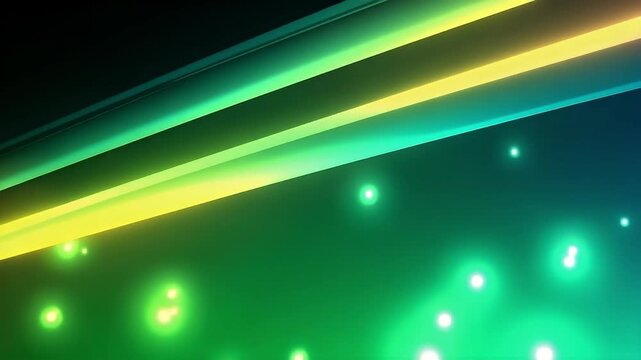 This abstract motion background features vibrant, glowing neon green and electric yellow lines traversing a dynamic dark gradient. Numerous bright, sparkling particles float and shimmer across the sce