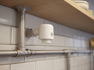 Contemporary Smart Home Device Mounted Wall Above Metal Pipes Water Monitoring Sensor Preventing Leaks Damage Modern Interior Design