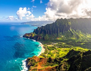 A breathtaking aerial view of Hawaii&rsquo;s stunning coastline and emerald-blue ocean with majestic green mountains, perfect tropical paradise scenery for travel, resort, and vacation design backgrounds