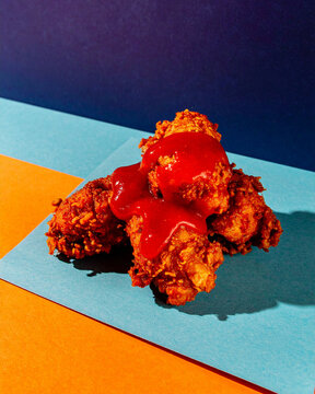 Spicy Fried Chicken with Hard Shadow &ndash; Blue Menu Background