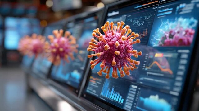 Microscopic Study of Virus: Detailed visualization of a virus cell next to electronic devices, presenting intricate scientific data, symbolizing research and discovery.