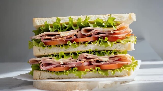 This appetizing close-up showcases a freshly prepared, generously filled sandwich, stacked and ready to be enjoyed. Layers of crisp green lettuce, ripe red tomato slices, and savory deli meat are nest