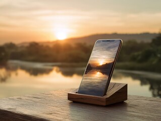Vertical Smartphone Displaying Golden Sunset Lake Reflection on Wooden Stand Overlooking Outdoor Nature Landscape