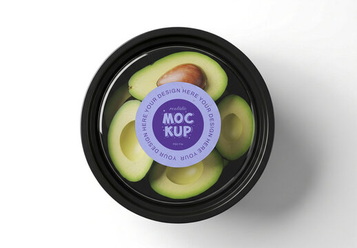 Avocado Slices Round Plastic Food Container Mockup with Label