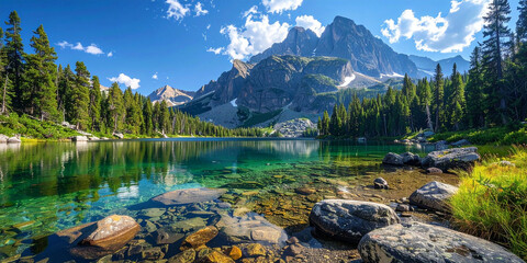 Breathtaking panoramic view of a pristine alpine lake with crystal clear turquoise water reflecting rugged mountain peaks and a summer sky