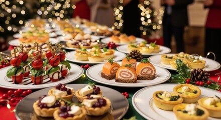 Fototapeta premium Festive Holiday Appetizers With Glowing Christmas Lights Background