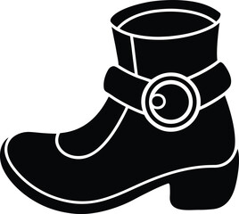 Black silhouette of a curled toe boot with buckle on white background 1