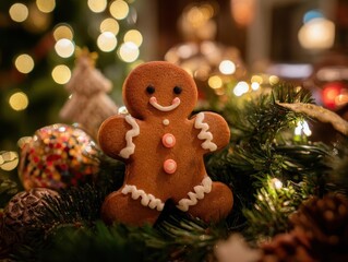 Close up Gingerbread Man Cookie Christmas Tree Holiday Decor Sweet Treat Food Decoration Bokeh Lights Warm Festive Ambiance