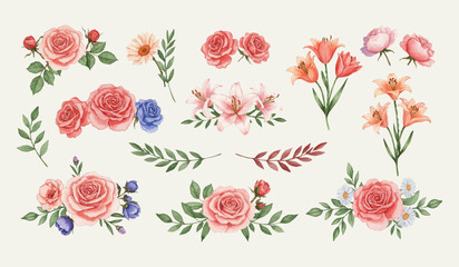 Hand-painted watercolor floral collection featuring roses, lilies, and botanical foliage. Ideal for wedding invitations, greeting cards, and decorative designs.