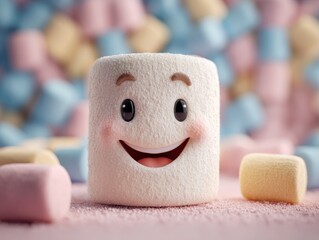 A close-up of a joyful white marshmallow character with a big smile and rosy cheeks, surrounded by a soft blur of various pastel colored marshmallows on a textured pink surface