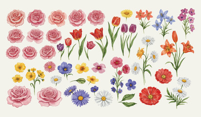 Beautiful Watercolor Collection of Assorted Flowers, Including Roses, Tulips, Daisies, and Poppies, Perfect for Botanical Art and Floral Design Projects