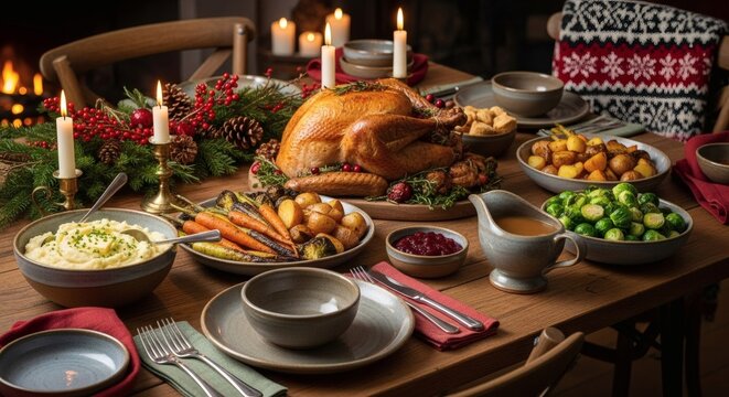 Festive Holiday Dinner Table with Roasted Turkey and Garnishes