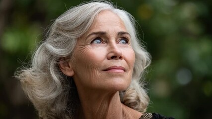 Serene Reflection of Wisdom: An elegant senior woman with flowing silver locks gazes pensively upwards, capturing the tranquility of aging with grace. - Powered by Adobe