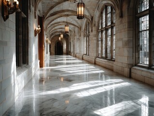 Elegant Arched Hallway with Marble Floors and Ornate Lighting Fixtures Historic Architecture Sunlight Beams in a Grand Interior Space
