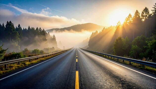 An empty asphalt highway with yellow lane markings leads into a misty mountain landscape bathed in the warm glow of sunrise, with sunbeams piercing through the - Powered by Adobe