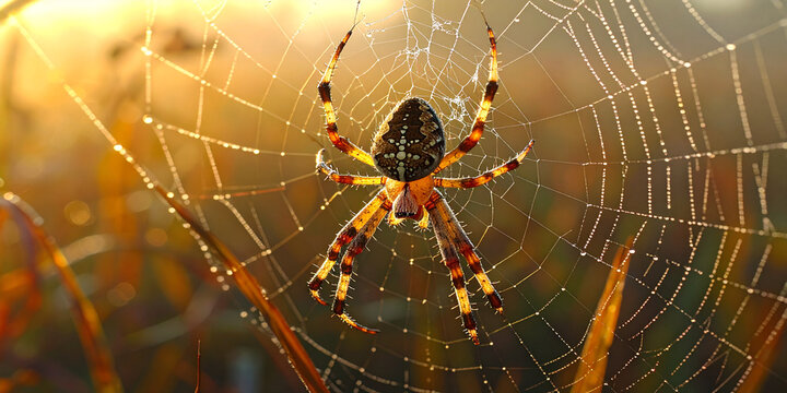 A beautifully detailed garden spider sits on its dew-kissed web, illuminated by the warm, golden glow of the morning sun