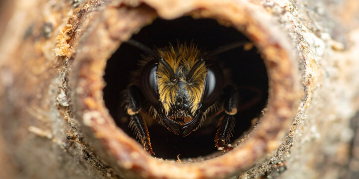 A solitary carpenter bee with large compound eyes peeks out from the entrance of its circular wooden nest, a macro wildlife moment