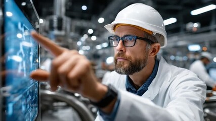 Precision and Progress: A focused engineer, donned in protective headwear, intently analyzes a complex display in a state-of-the-art industrial setting.