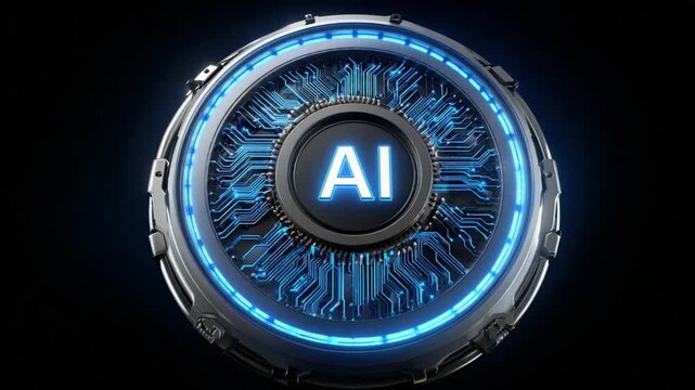 Artificial Intelligence: An alluring view of a mechanical eye, a symbol of AI, with detailed circuit patterns and a striking blue glow, representing intelligence and tech advancement.