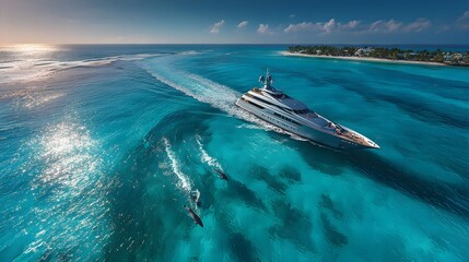 Naklejka premium Breathtaking aerial drone shot captures a luxury superyacht in turquoise waters as playful dolphins leap alongside under a brilliant blue sky.