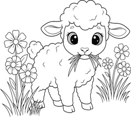 Adorable Lamb Eating Grass Outline - Cute Farm Animal in a Field of Flowers for Kids' Designs
