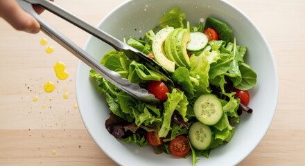 Fresh Green Salad With Avocado And Cherry Tomatoes Being Tossed