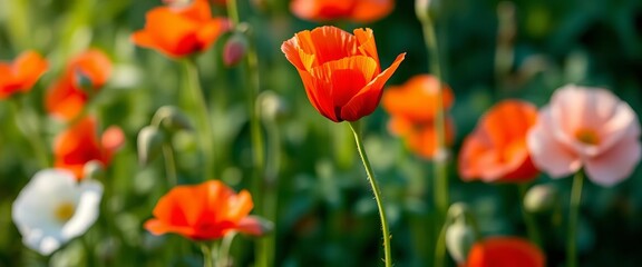Obraz premium Close-up vibrant red poppy against blurred green foliage , red background, garden