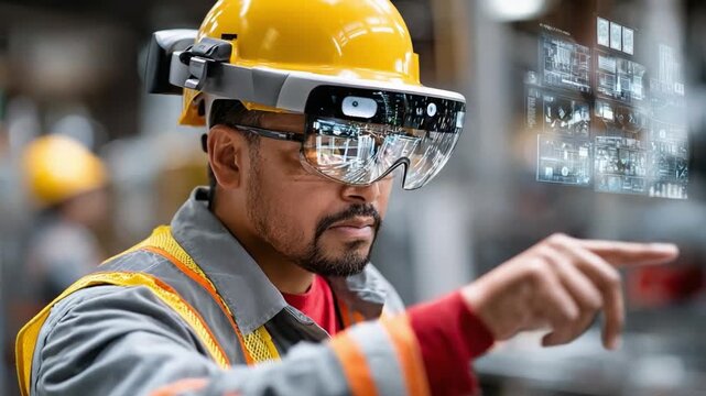 Augmented Reality in Industrial Setting: A diligent technician, adorned in a hardhat and advanced augmented reality headset.
