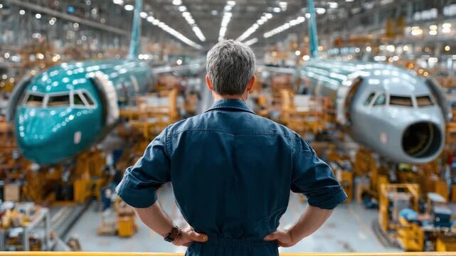 The Visionary Overseer: A skilled engineer, stands with confidence, surveying the assembly line with completed aircraft, embodying expertise and precision in the realm of aviation and technology.