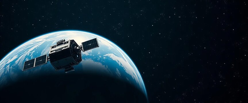 A lone satellite orbits Earth against a backdrop of stars, navigation, astronomy
