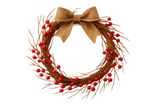 Rustic christmas holiday wreath decorating with jute bow and red berries, transparent background