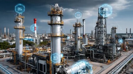 Smart refinery: A cutting-edge refinery showcases advanced technology integration for efficiency and sustainability, with digital overlays indicating real-time data analysis. - Powered by Adobe