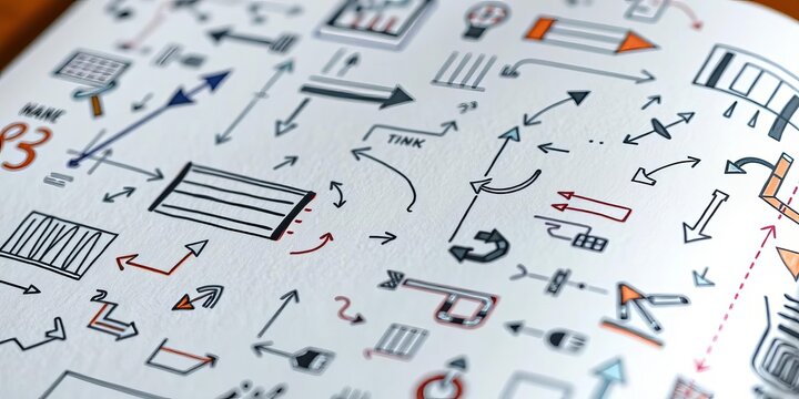 Close-up of a notebook page filled with hand-drawn vector arrows and diagrams,  schematic,  geometry