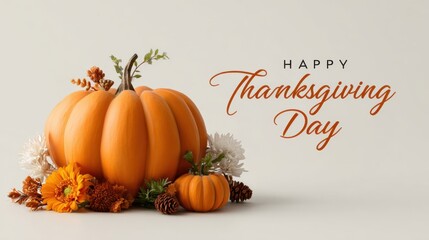 Happy Thanksgiving Day pumpkin centerpiece with autumn flowers and pine cones