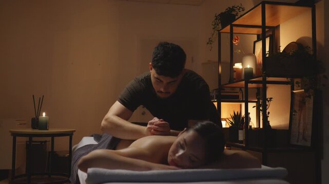A serene massage session in a dimly lit room. A male therapist attentively massages a woman's back, promoting relaxation and wellness.
