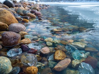 Shoreline with Varied Rocks and Partially Frozen Water, Cold Weather Landscape with Stone Beach and Icy Lake, Winter Scene with Colorful Pebbles on Iced Riverbank, Natural Beauty of Frozen Lake Stones